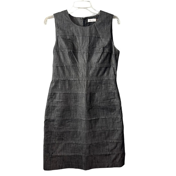 Calvin Klein Sleeveless Dress Pleats Black Gray Chambray Sheath US 8 Career Work - Picture 1 of 7